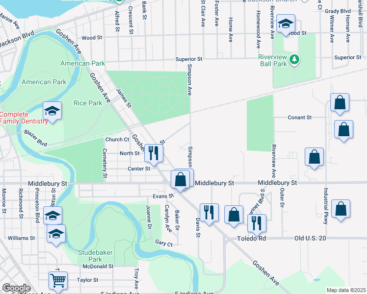 map of restaurants, bars, coffee shops, grocery stores, and more near 545 Simpson Ave in Elkhart