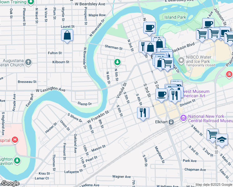 map of restaurants, bars, coffee shops, grocery stores, and more near 606 West High Street in Elkhart
