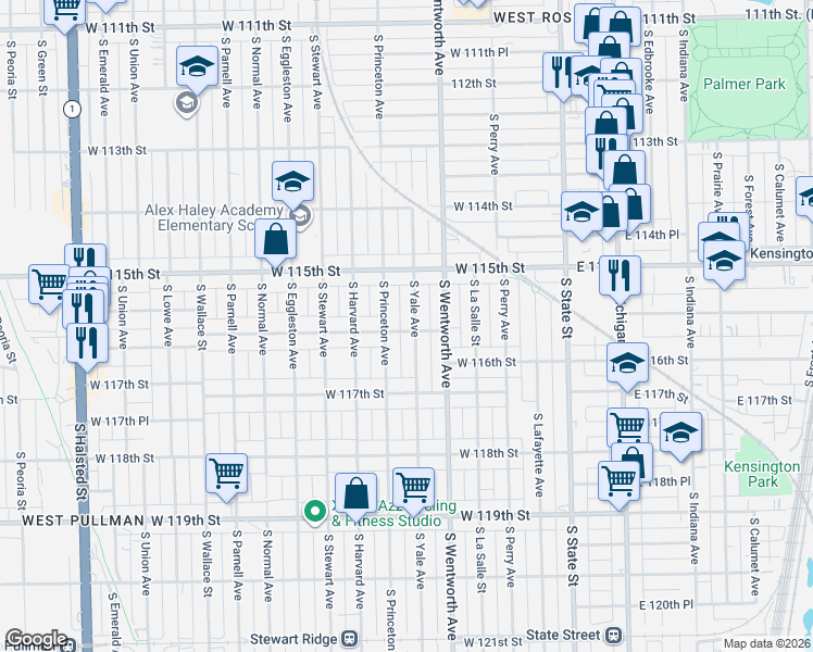 map of restaurants, bars, coffee shops, grocery stores, and more near 11557 South Yale Avenue in Chicago
