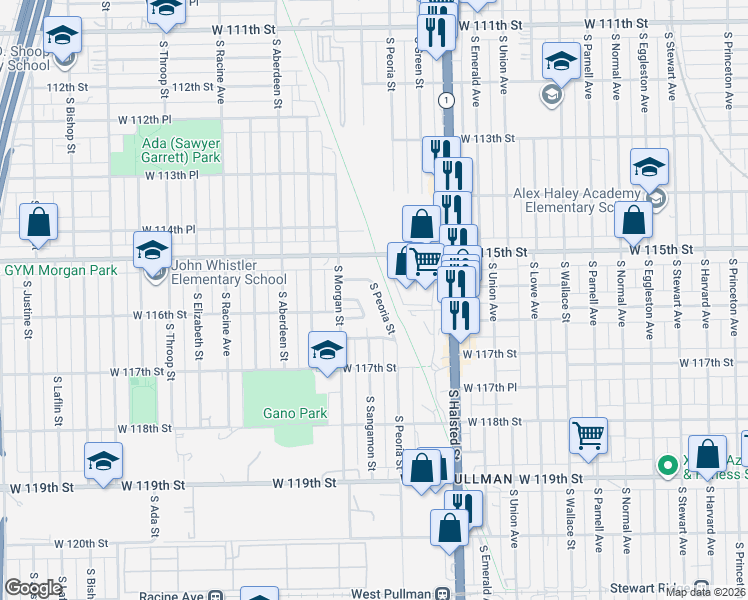 map of restaurants, bars, coffee shops, grocery stores, and more near 11557 South Peoria Street in Chicago