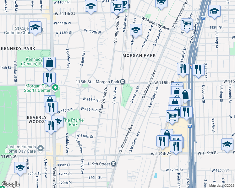 map of restaurants, bars, coffee shops, grocery stores, and more near 11539 South Hale Avenue in Chicago
