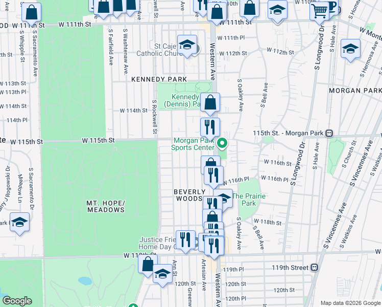 map of restaurants, bars, coffee shops, grocery stores, and more near 11532 South Artesian Avenue in Chicago