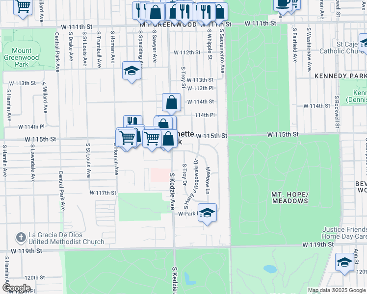 map of restaurants, bars, coffee shops, grocery stores, and more near 3166 West Meadow Lane Drive in Merrionette Park