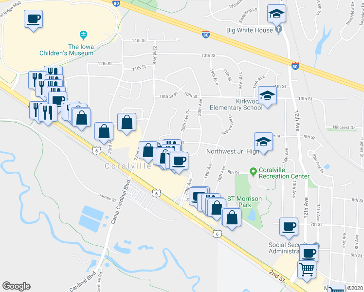 map of restaurants, bars, coffee shops, grocery stores, and more near 2028 9th Street in Coralville