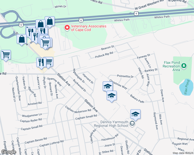 map of restaurants, bars, coffee shops, grocery stores, and more near 52 Browning Avenue in Yarmouth