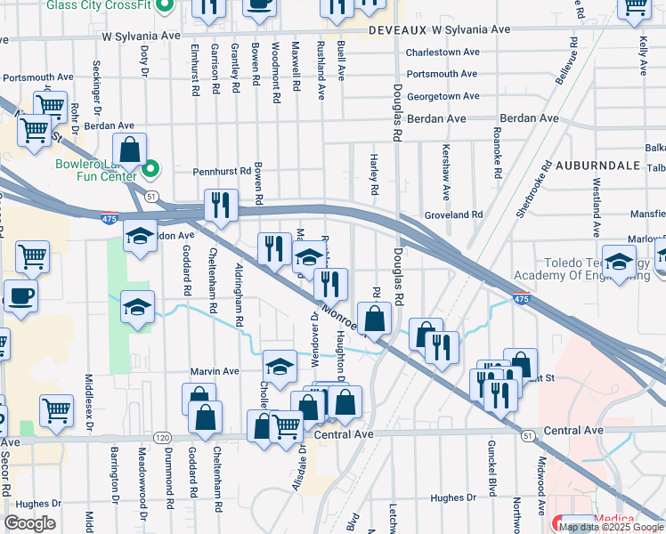 map of restaurants, bars, coffee shops, grocery stores, and more near 2624 Ledyard Avenue in Toledo