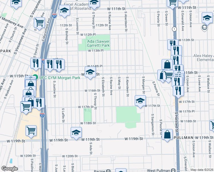 map of restaurants, bars, coffee shops, grocery stores, and more near 11551 South Elizabeth Street in Chicago