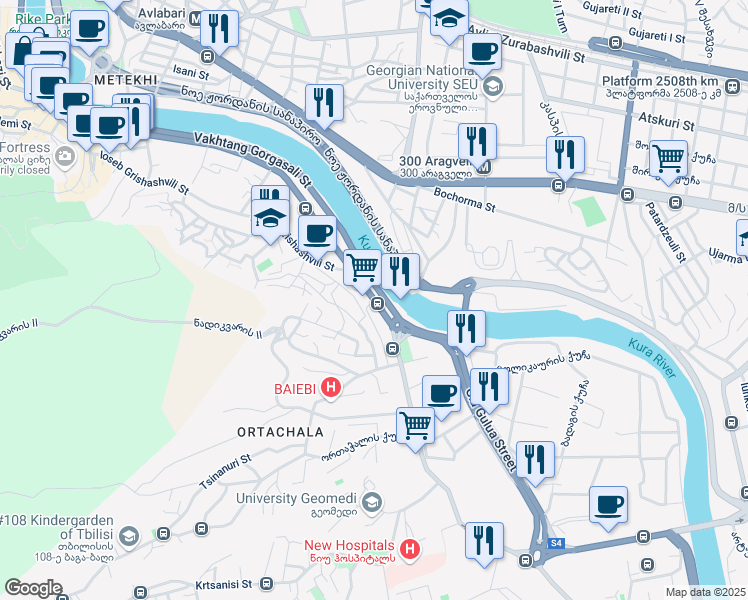 map of restaurants, bars, coffee shops, grocery stores, and more near Gorgasali Street in Tbilisi