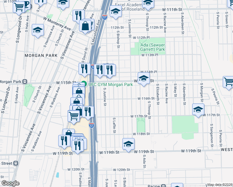 map of restaurants, bars, coffee shops, grocery stores, and more near 11543 South Laflin Street in Chicago