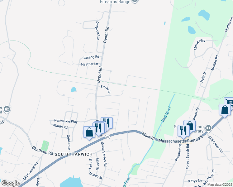 map of restaurants, bars, coffee shops, grocery stores, and more near 30 Jesse Eldredge Road in Harwich