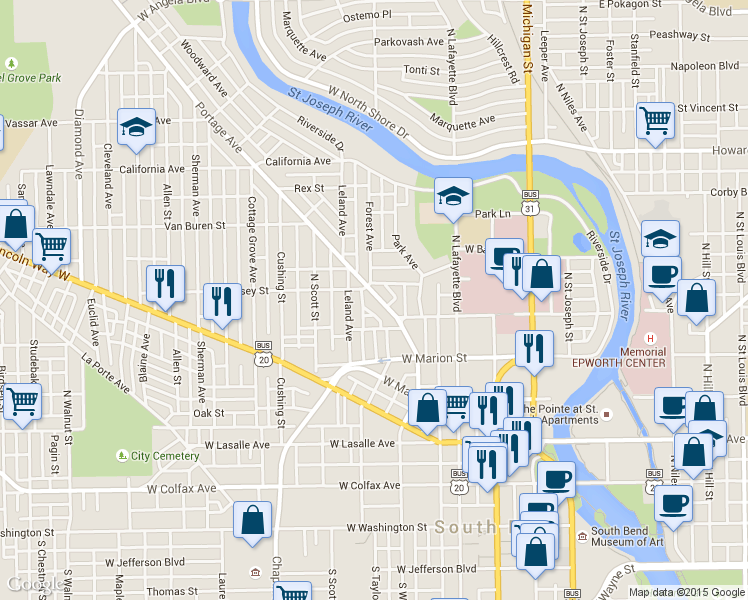 map of restaurants, bars, coffee shops, grocery stores, and more near 621 Portage Avenue in South Bend