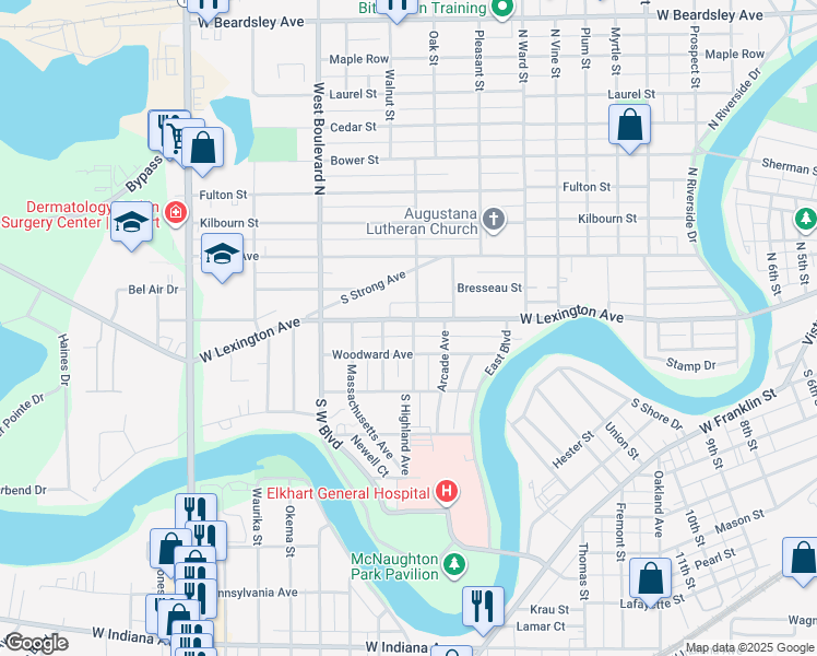 map of restaurants, bars, coffee shops, grocery stores, and more near 1301 West Lexington Avenue in Elkhart