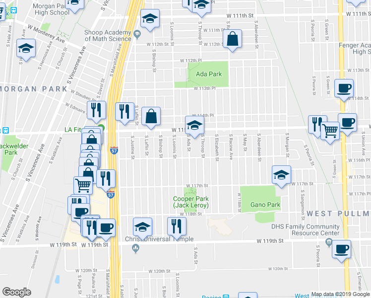 map of restaurants, bars, coffee shops, grocery stores, and more near 11542 South Ada Street in Chicago