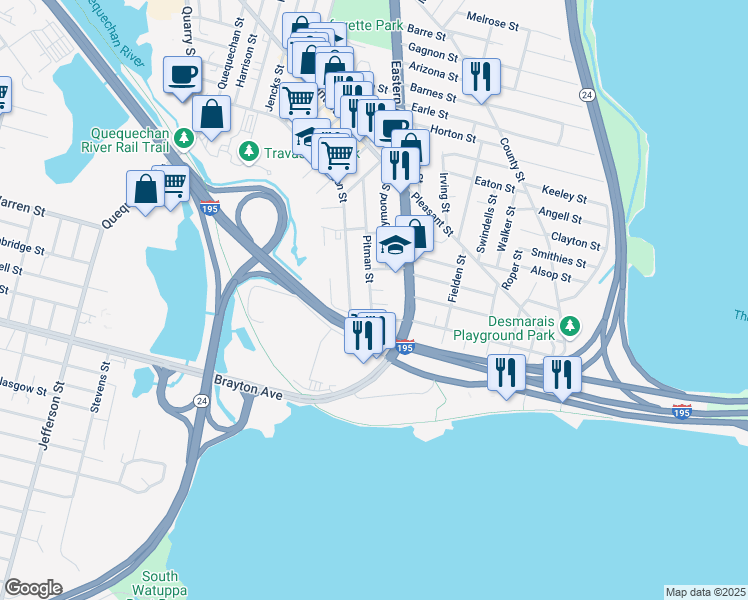 map of restaurants, bars, coffee shops, grocery stores, and more near 284 Pitman Street in Fall River