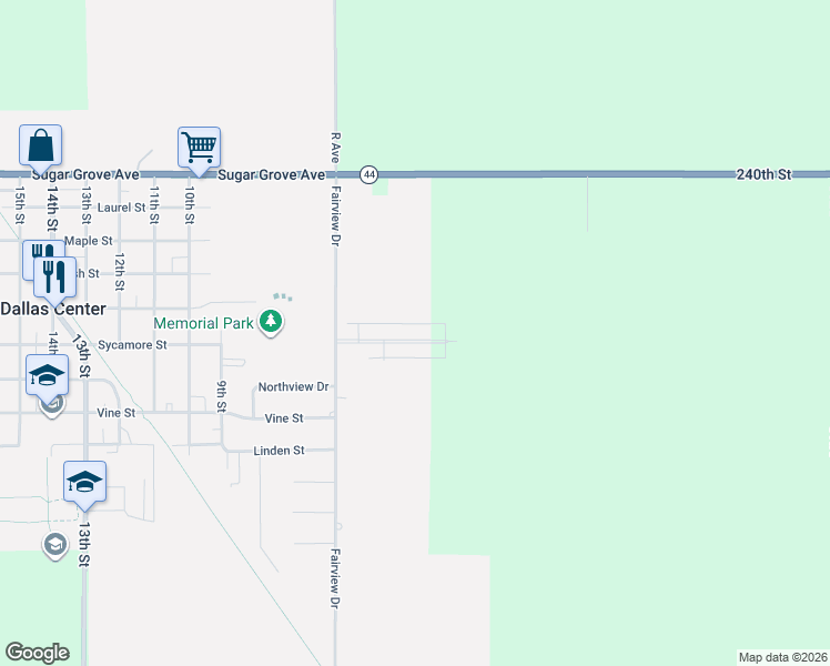 map of restaurants, bars, coffee shops, grocery stores, and more near 503 Sycamore Street in Dallas Center