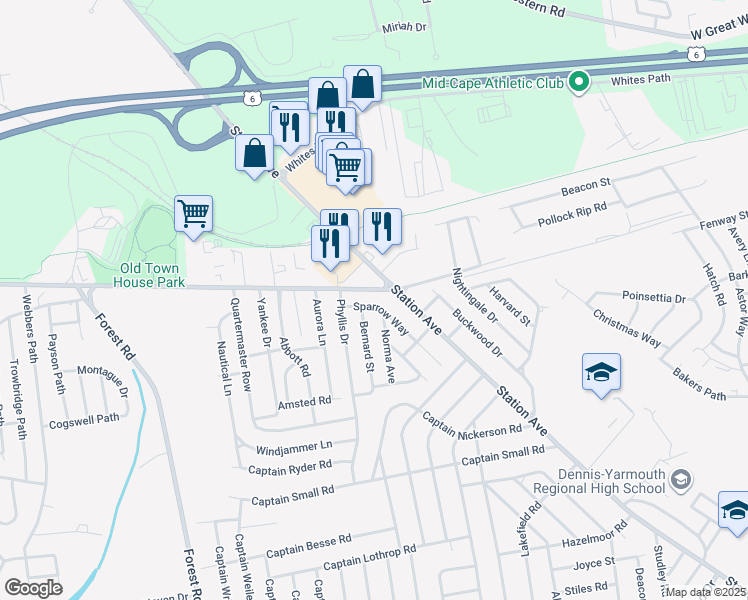 map of restaurants, bars, coffee shops, grocery stores, and more near 60 Sparrow Way in Yarmouth