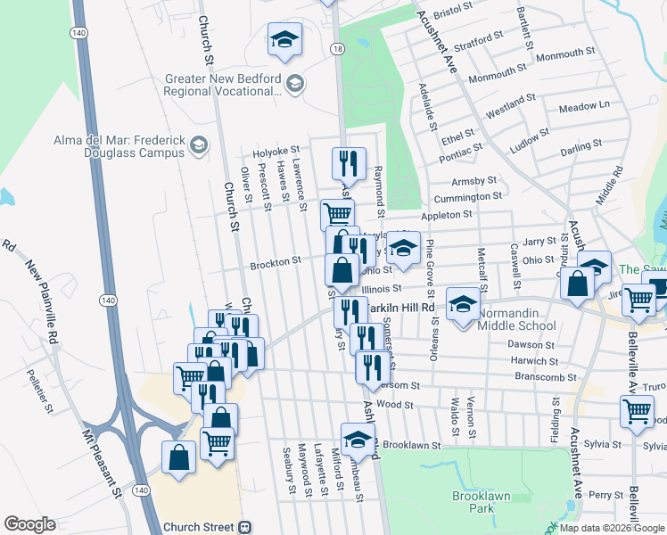 map of restaurants, bars, coffee shops, grocery stores, and more near 129 Lowell Street in New Bedford