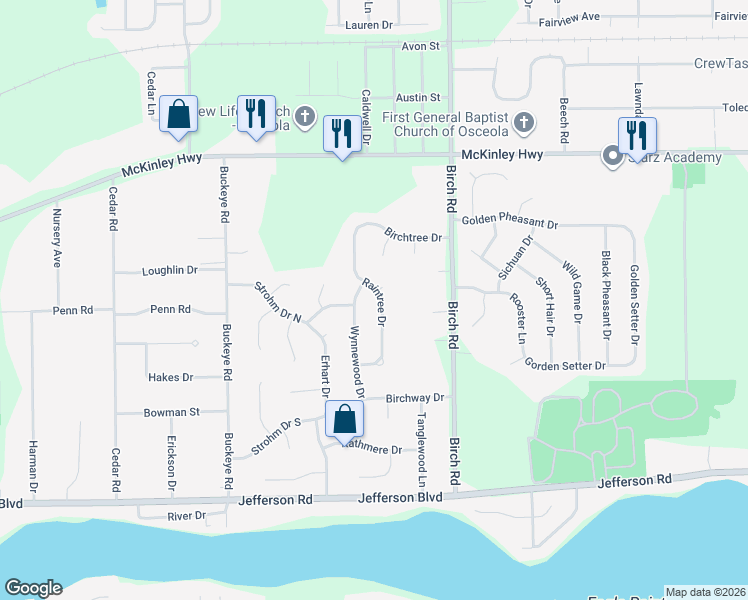 map of restaurants, bars, coffee shops, grocery stores, and more near 55811 Raintree Drive in Osceola