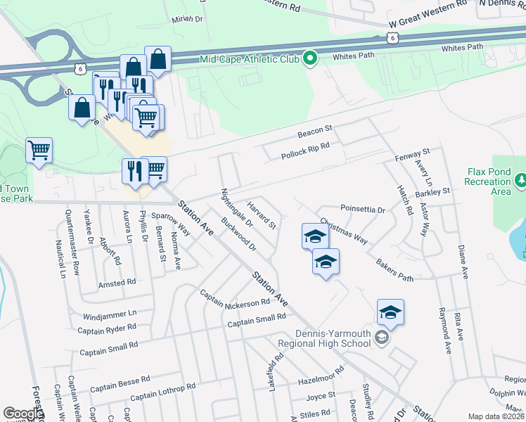 map of restaurants, bars, coffee shops, grocery stores, and more near 22 Harvard Street in South Yarmouth