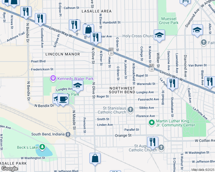 map of restaurants, bars, coffee shops, grocery stores, and more near 2207 Longley Avenue in South Bend