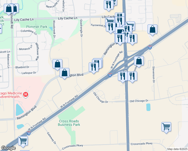 map of restaurants, bars, coffee shops, grocery stores, and more near 205 Remington Boulevard in Bolingbrook