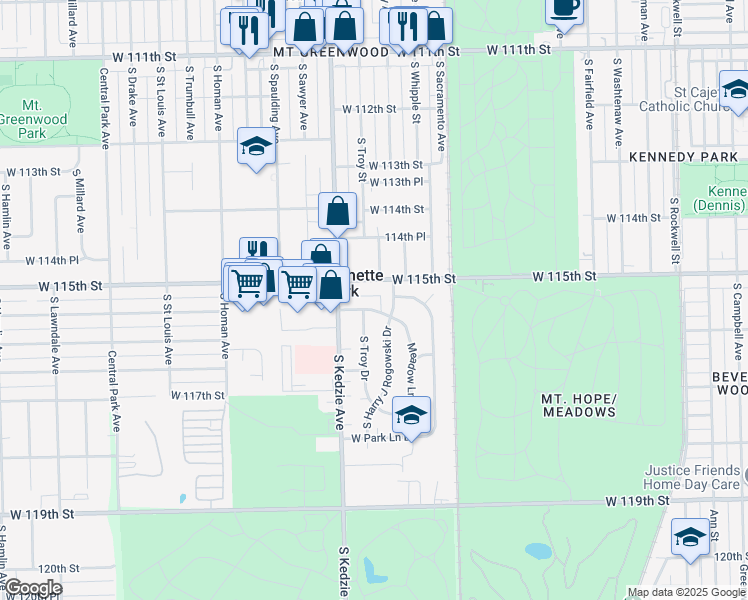 map of restaurants, bars, coffee shops, grocery stores, and more near 3166 West Meadow Lane Drive in Merrionette Park