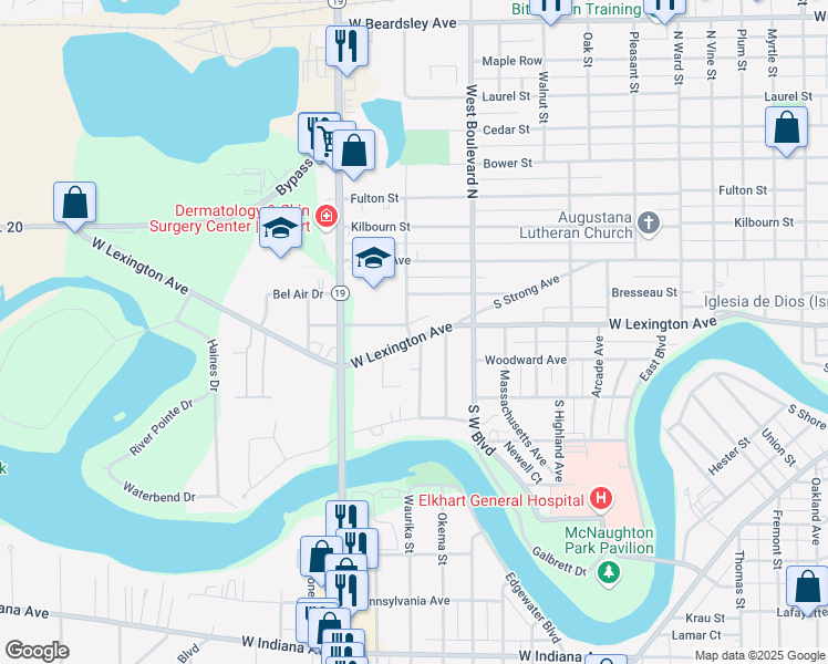 map of restaurants, bars, coffee shops, grocery stores, and more near 1656 West Lexington Avenue in Elkhart
