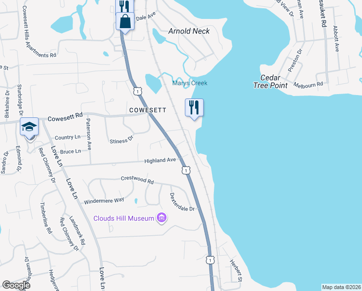 map of restaurants, bars, coffee shops, grocery stores, and more near 3940 Post Road in Warwick