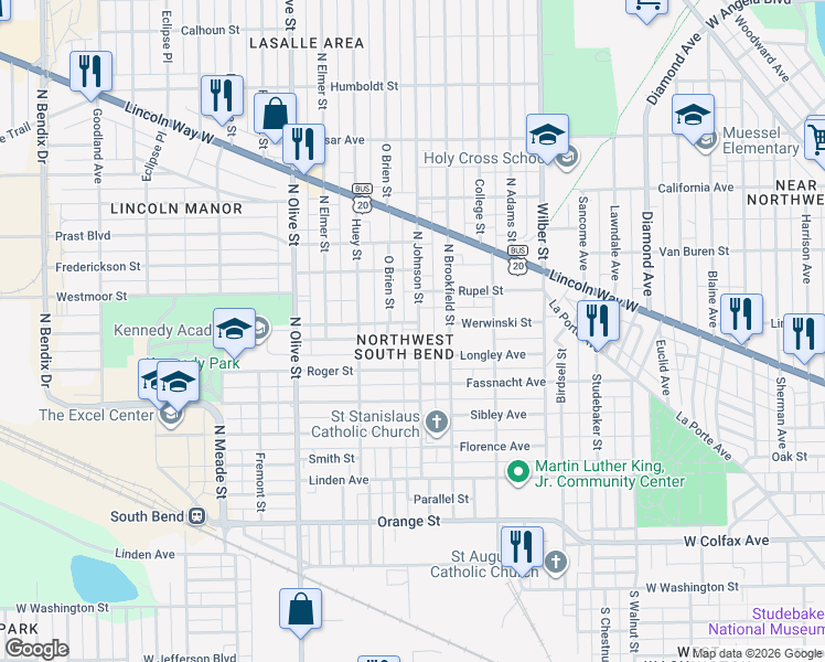 map of restaurants, bars, coffee shops, grocery stores, and more near 626 North Johnson Street in South Bend