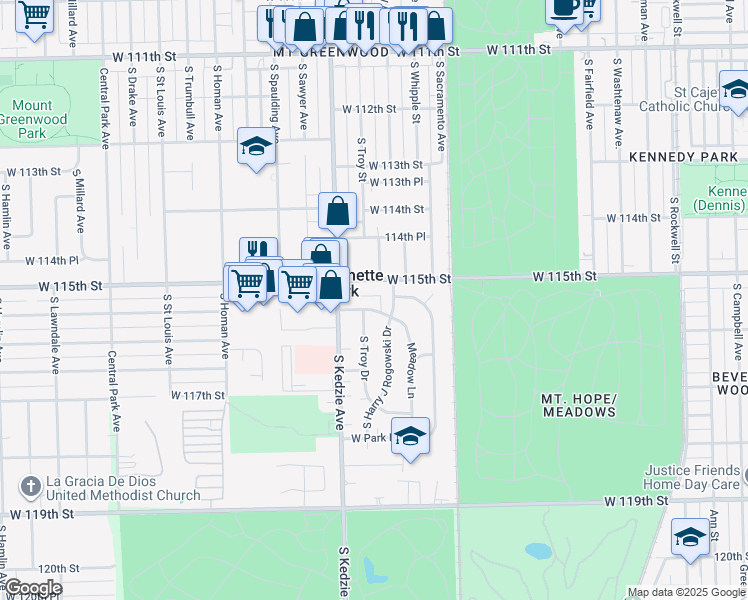 map of restaurants, bars, coffee shops, grocery stores, and more near 3166 West Meadow Lane Drive in Merrionette Park