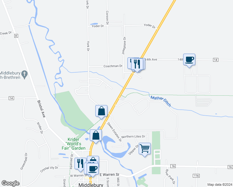map of restaurants, bars, coffee shops, grocery stores, and more near 413 North Main Street in Middlebury