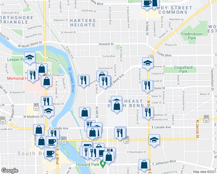 map of restaurants, bars, coffee shops, grocery stores, and more near 708 South Bend Avenue in South Bend