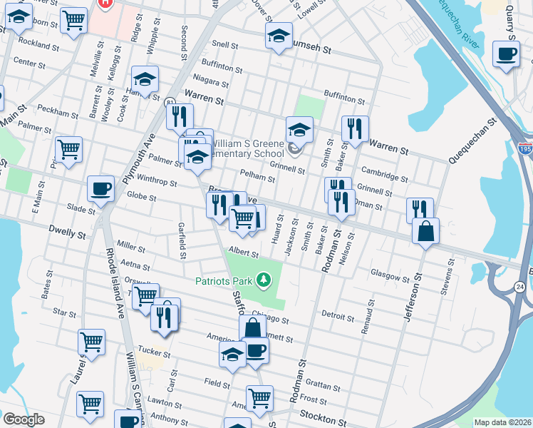 map of restaurants, bars, coffee shops, grocery stores, and more near 44 Grace St in Fall River