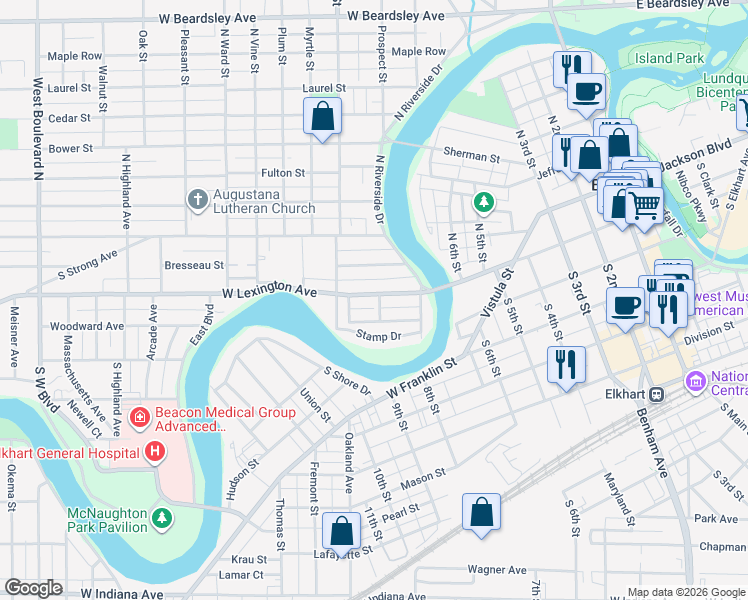 map of restaurants, bars, coffee shops, grocery stores, and more near 663 West Lexington Avenue in Elkhart
