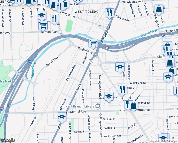 map of restaurants, bars, coffee shops, grocery stores, and more near 3353 Parkwood Avenue in Toledo