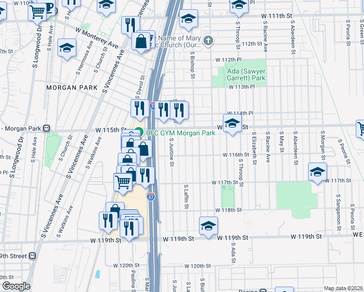 map of restaurants, bars, coffee shops, grocery stores, and more near 11538 South Laflin Street in Chicago