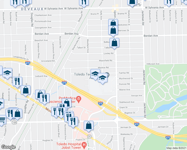 map of restaurants, bars, coffee shops, grocery stores, and more near 2041 Fairfax Road in Toledo