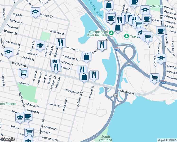 map of restaurants, bars, coffee shops, grocery stores, and more near 172 Jefferson Street in Fall River