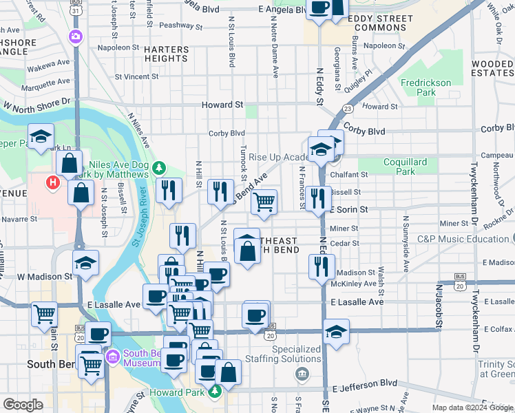 map of restaurants, bars, coffee shops, grocery stores, and more near 606 North Saint Peter Street in South Bend