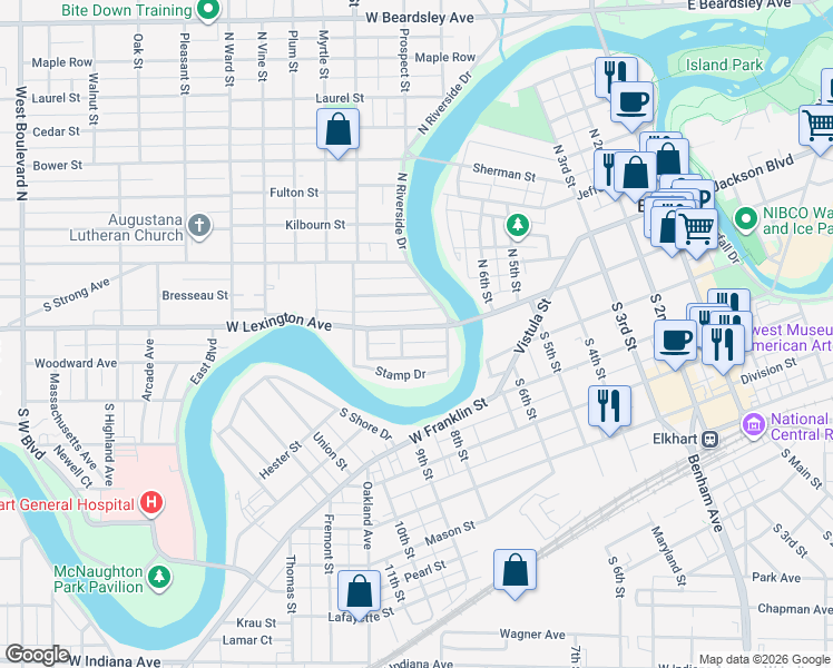 map of restaurants, bars, coffee shops, grocery stores, and more near 647 West Lexington Avenue in Elkhart