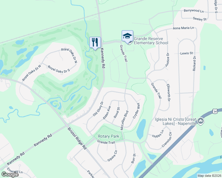 map of restaurants, bars, coffee shops, grocery stores, and more near 2954 Old Glory Drive in Yorkville