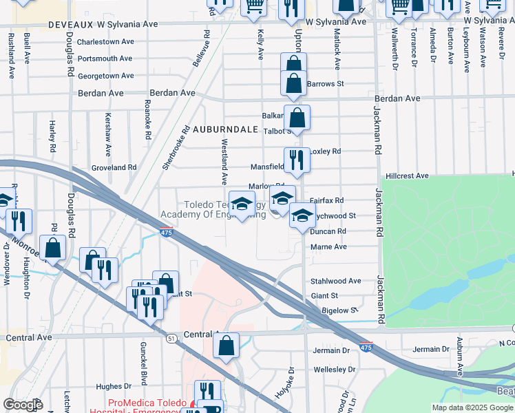 map of restaurants, bars, coffee shops, grocery stores, and more near 2011 Fairfax Road in Toledo
