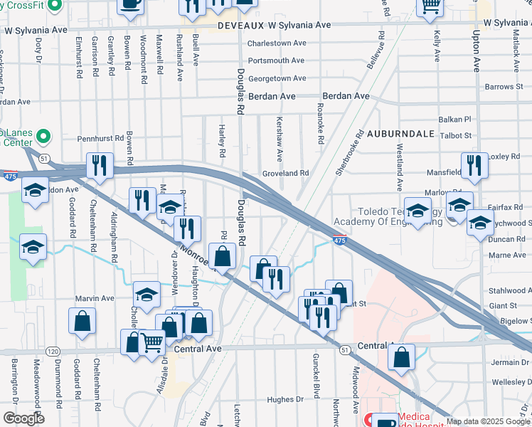 map of restaurants, bars, coffee shops, grocery stores, and more near 3502 Anderson Parkway in Toledo