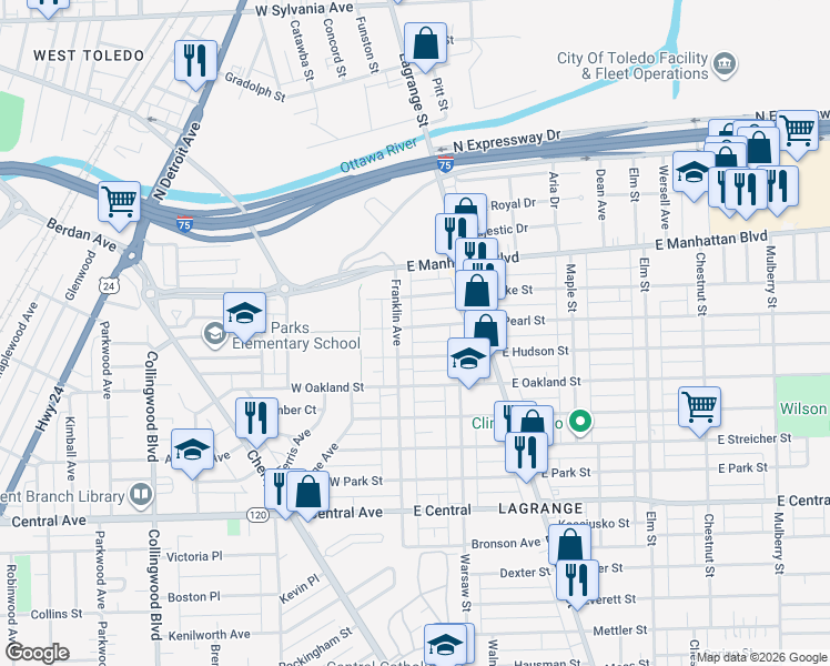 map of restaurants, bars, coffee shops, grocery stores, and more near 16 East Pearl Street in Toledo