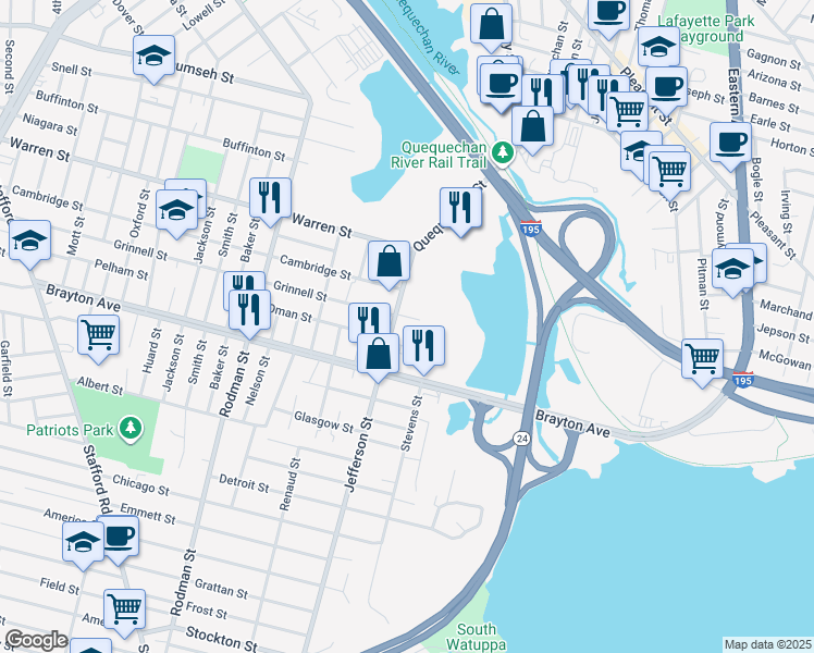 map of restaurants, bars, coffee shops, grocery stores, and more near 172 Jefferson Street in Fall River