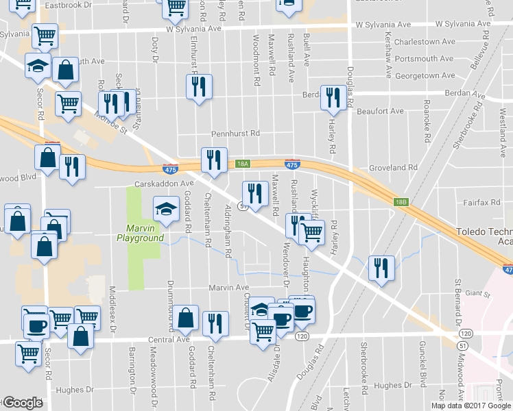 map of restaurants, bars, coffee shops, grocery stores, and more near in Toledo
