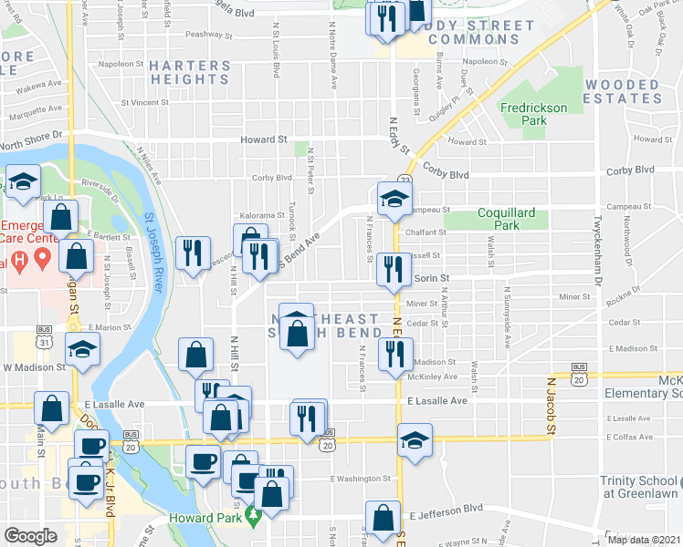 map of restaurants, bars, coffee shops, grocery stores, and more near 908 East Sorin Street in South Bend