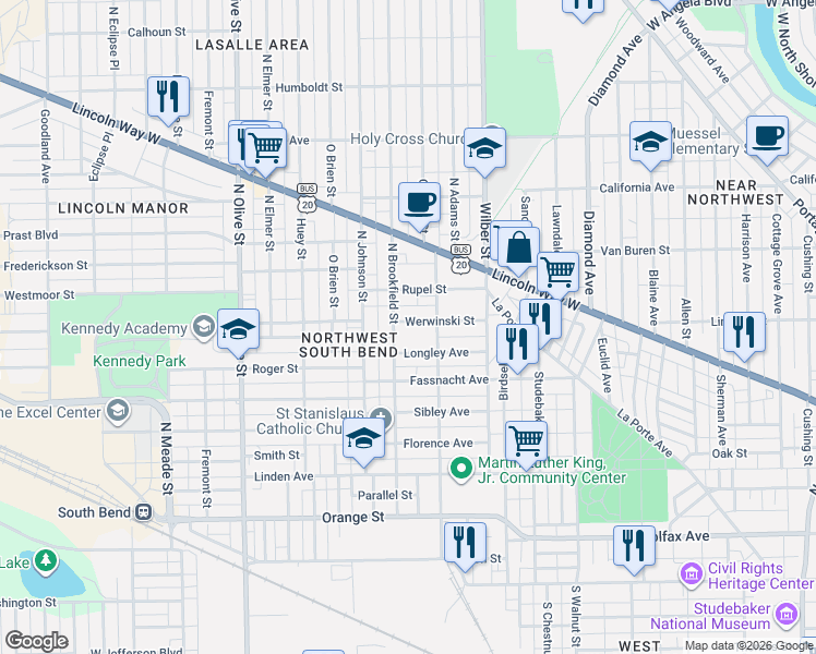 map of restaurants, bars, coffee shops, grocery stores, and more near 1810 Werwinski Street in South Bend