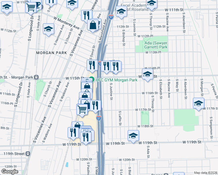 map of restaurants, bars, coffee shops, grocery stores, and more near 11545 South Justine Street in Chicago