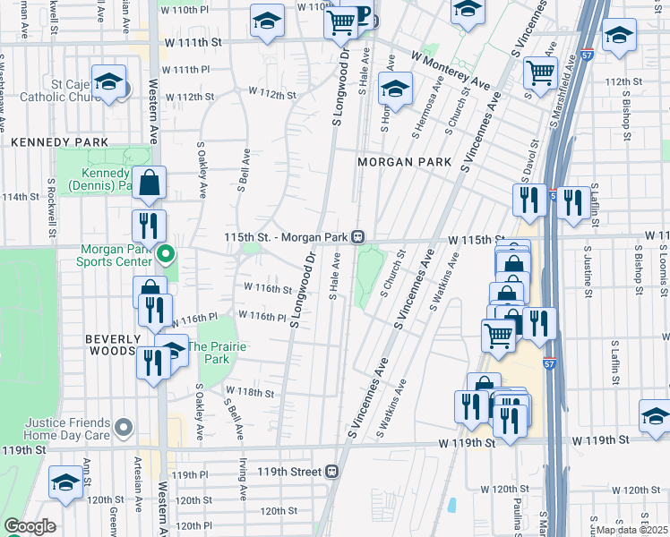 map of restaurants, bars, coffee shops, grocery stores, and more near 11539 South Hale Avenue in Chicago